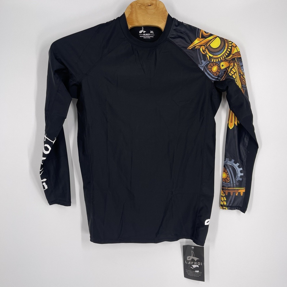 LAFROI Mens Long Sleeve Rash Guard XL Black Mechanical Owl Compression Shirt NWT